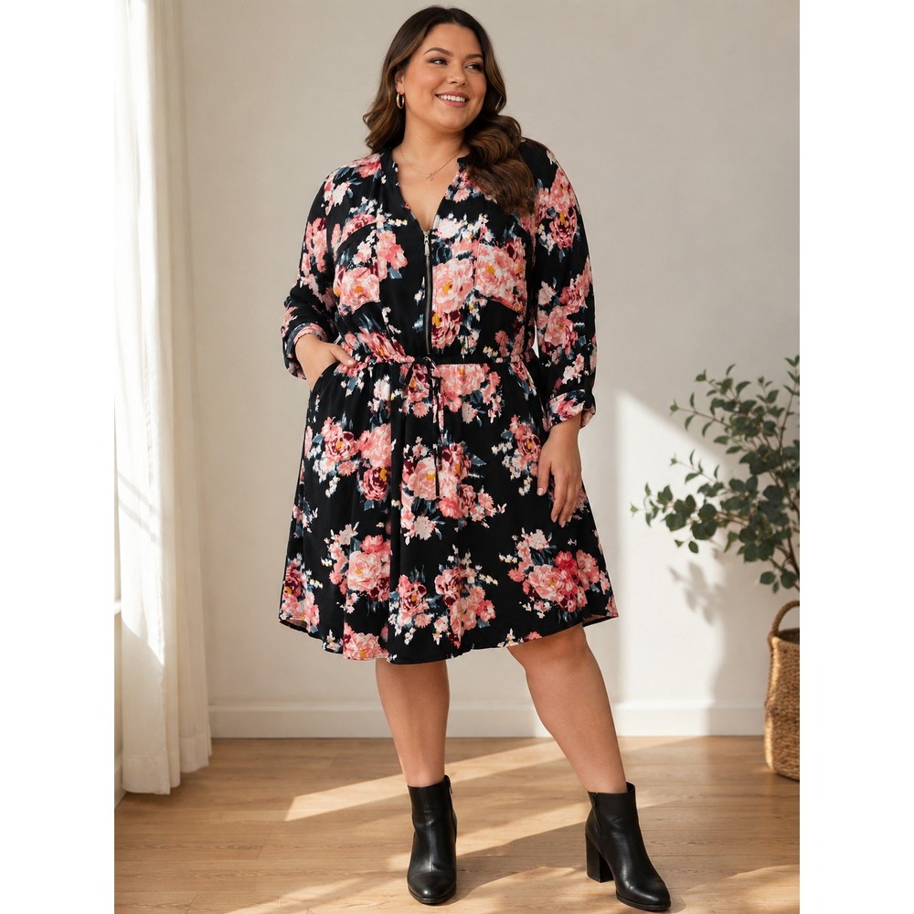 TORRID Floral Shirt Dress Zip Front Drawstring Women 3 Blk Pink Romantic Casual